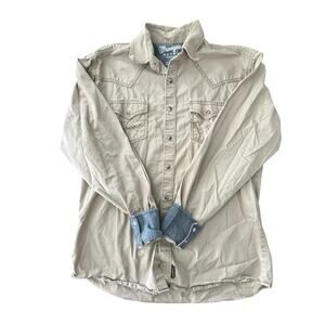 Wrangler Retro Shirt Mens Medium Beige Western Pearl Snap Long Sleeve Casual